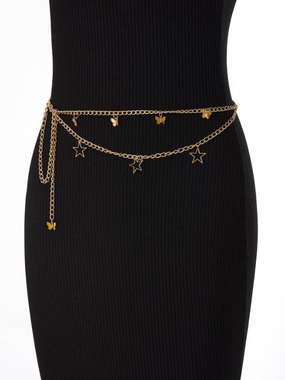 FB3331 2025 waist chain hollow pentagram alloy butterfly pendant wave fringe pendulum chain waist chain