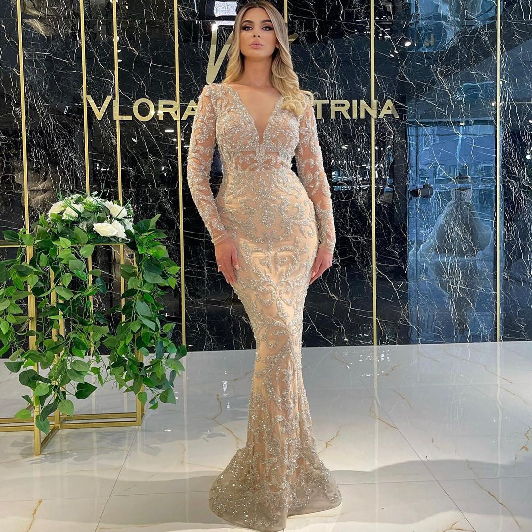2025 new Popular trade women's New new bronzing long-sleeved slim-fitting sexy long dress evening dress new