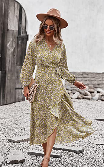 Zllk In Stock! European and American Foreign Trade Women's Long Sleeve Wrap Dress Flower Printed V-neck Autumn and Winter Dress