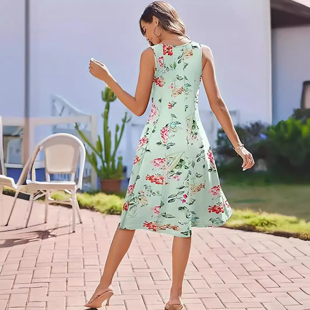 ZllKl Cross-Border Popular European and American Popular Elegant Multicolor Dinosaur Printed Vest Digital Printed round Neck Female Dress