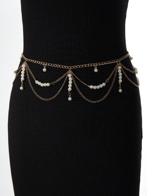 3468 2025 hot-selling metal chain splicing pearl waist chain multi-wave fringed chain fashionable personalized waist chain waist jewelry