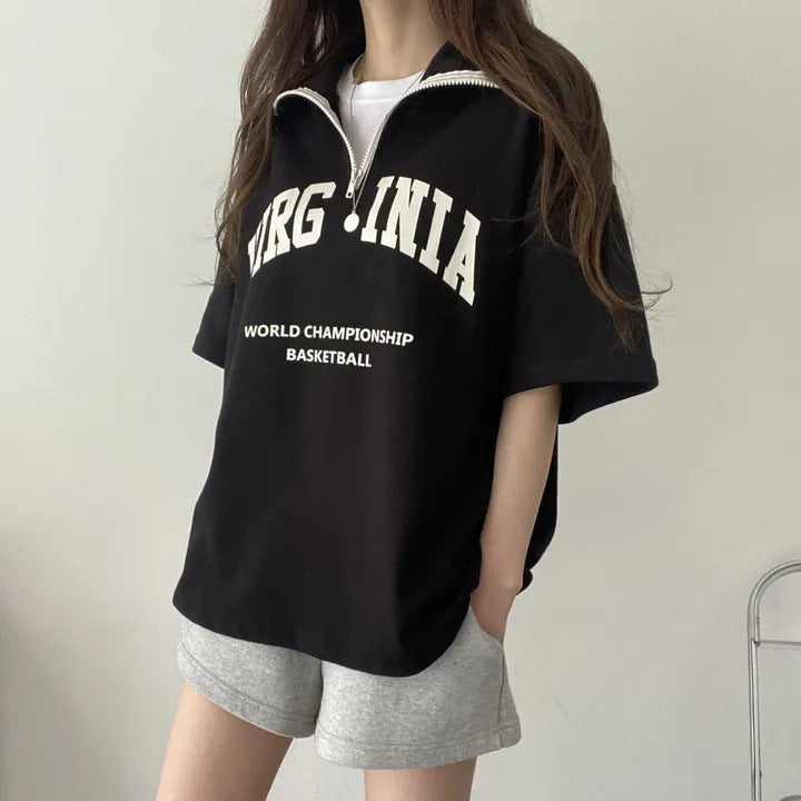 ZllKl Manufacturer T-shirt women's short-sleeved design summer New new zipper collar zipper unique chic loose Korean version