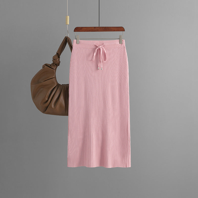 ZllKl Knitted skirt women's 2025 new hip skirt solid color ice silk medium and long wool skirt