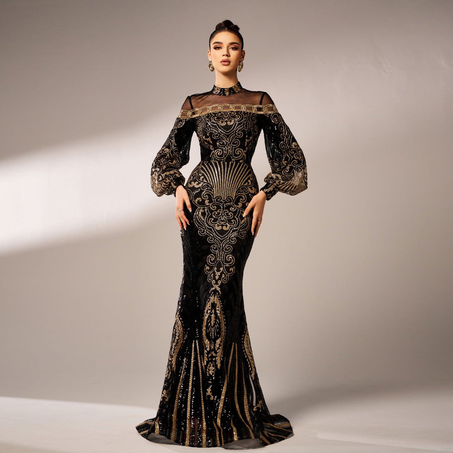 r 2025 new long-sleeved round neck long sequined banquet mesh fishtail evening dress bridesmaid dress women