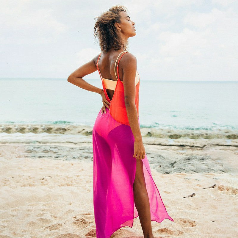 2025 Spring and summer New sexy suspender backless high split contrasting chiffon shirt casual beach dress dress