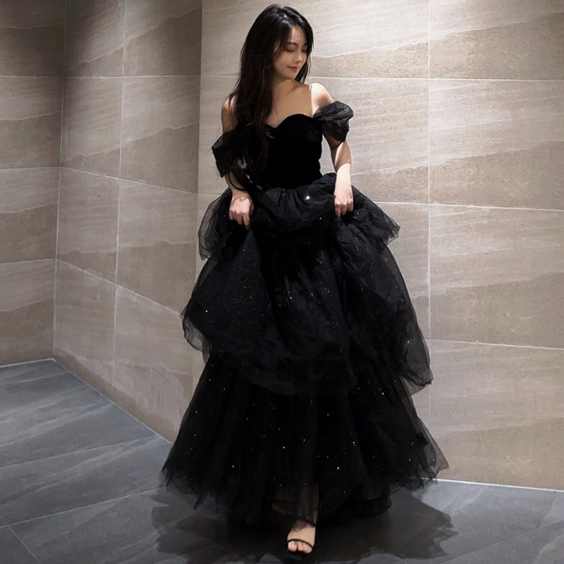 2025 Black evening dress skirt light luxury niche tutu skirt host female autumn art examination graduation adult ceremony New feeling