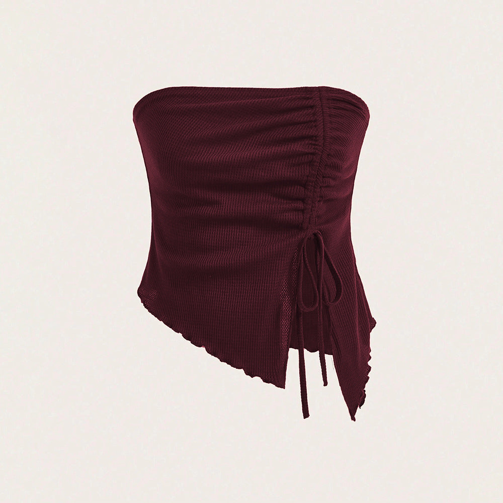 Cross-border women's clothing popular autumn and winter new drawstring split irregular waffle slim tube top