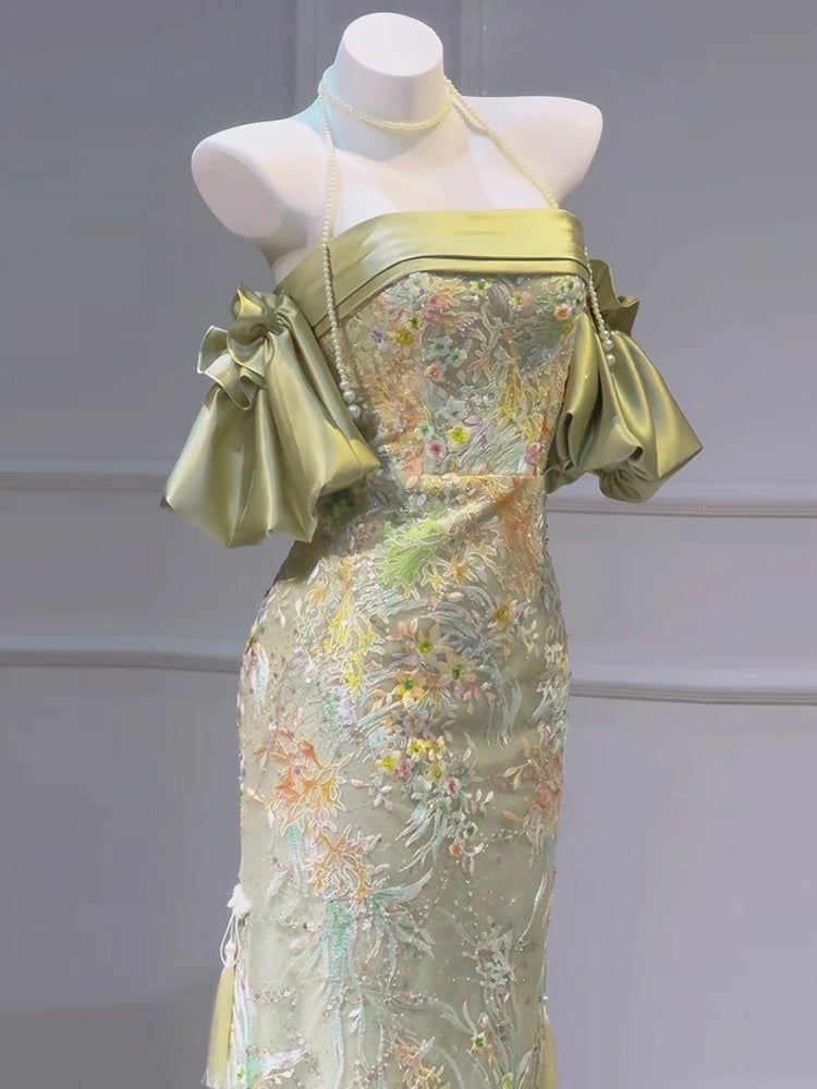 New Chinese cheongsam evening dress niche light luxury high-end banquet tube top morning robe female bride engagement floral toast