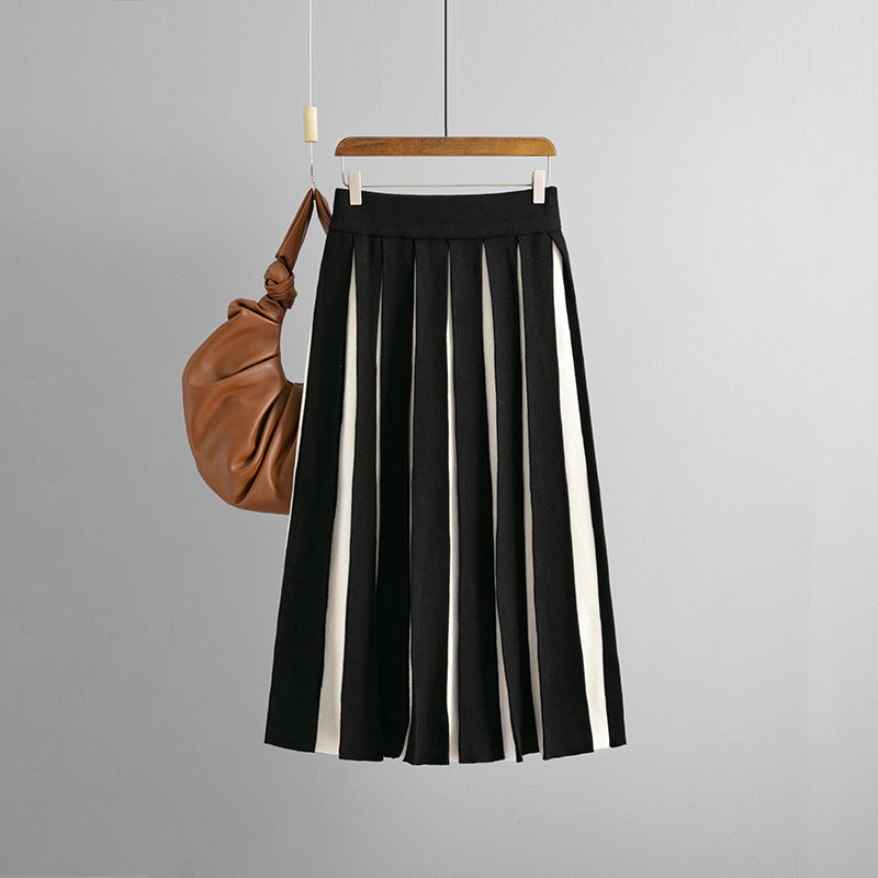 ZllKl 2025 retro knitted half-length skirt for women, high waist, thin and age-reducing, black and white splicing medium and long pleated skirt