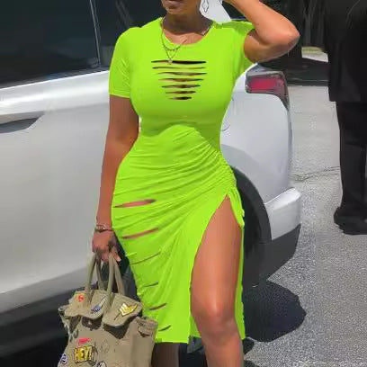 ZllKl European and American Sexy round Neck Short Sleeve Ripped Slit Pleated Dress