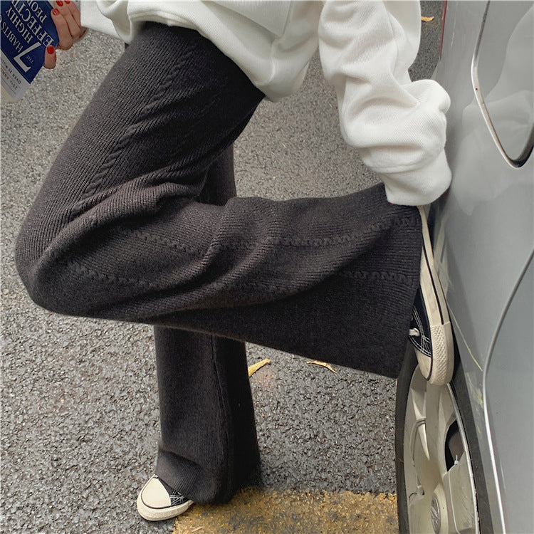 ZllKl Women's Twist-Covering Knitted Wide-Leg Pants Autumn and Winter High Waist Drooping Wool Mop Pants Lengthened Outer Wear Casual Straight Pants