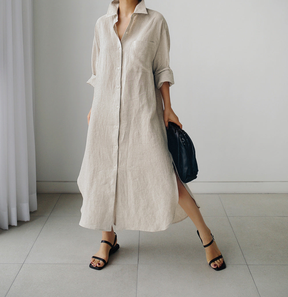 ZllKl Spring and Autumn Loose Oversized Shirt Dress Overknee Long Split Outer Wear Cotton Linen Shirt Solid Color Dress