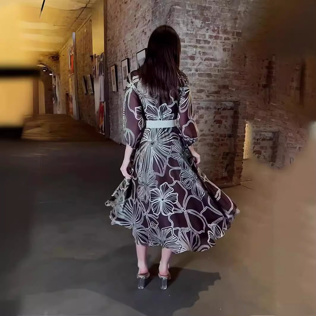ZllKl European American Summer New Fashion 3/4 Sleeves Printing Costs Dress More