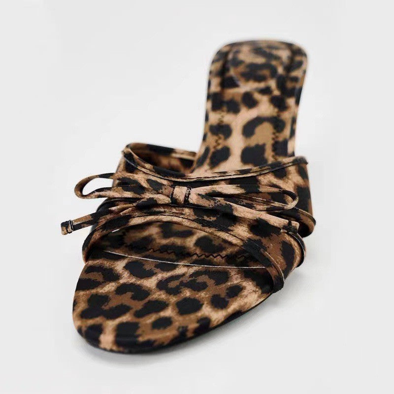 ZllKl New Women's Shoes Bow Leopard Print High Heel Sandals Pointed Stiletto Mesh High Heel Sandals Women's Shoes Summer