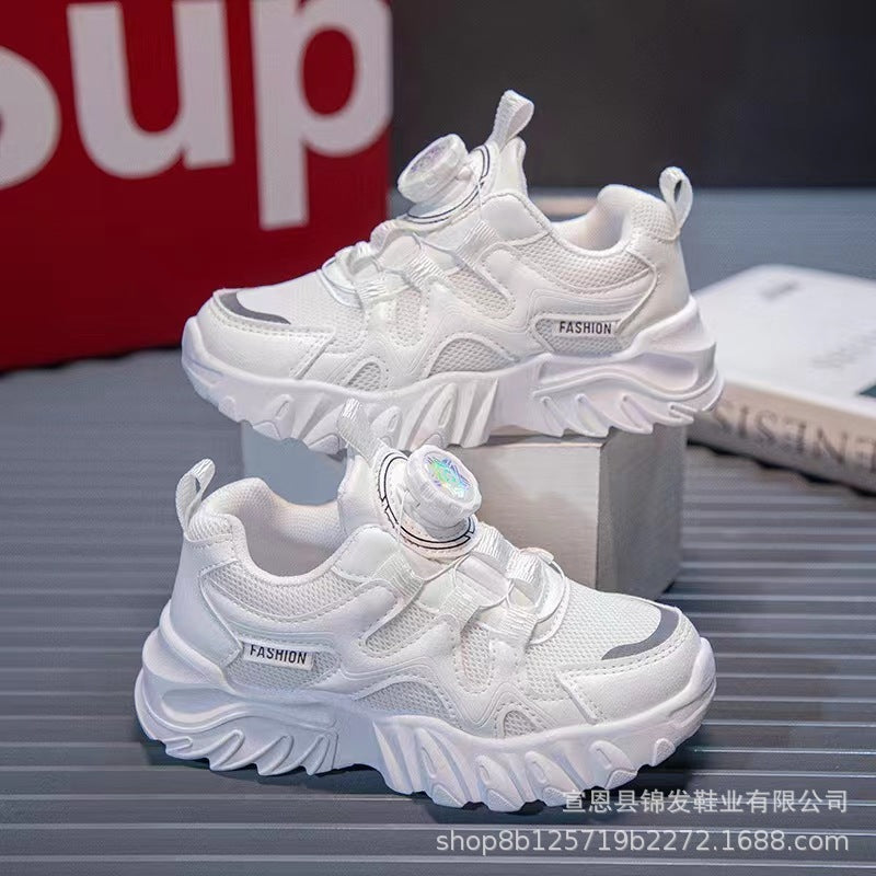 ZllKl Girls' Shoes Rotating Buttoned Shoes Gradient Color Breathable Mesh Surface Dad Shoes White Shoes Medium and Big Children Children Sneaker Tide