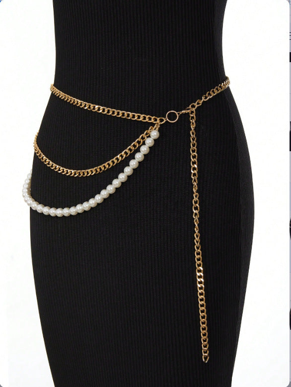 FB3326 2025 waist chain small ring connected pearl chain metal chain combination fringed waist chain waist decoration