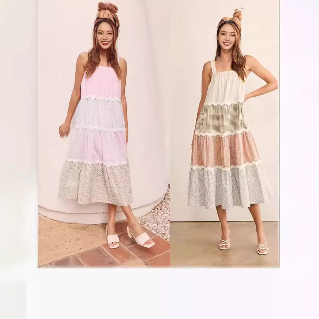Zllk Summer New Cross-Border European and American Women's Clothing Wave Pattern Suspender Dress Multicolor Printing Cake Dress