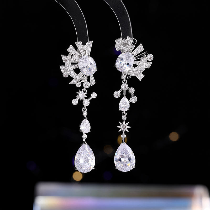 2025 Cross-border luxury zircon earrings, moon octagram water droplets asymmetrical long bridal dress dinner earrings