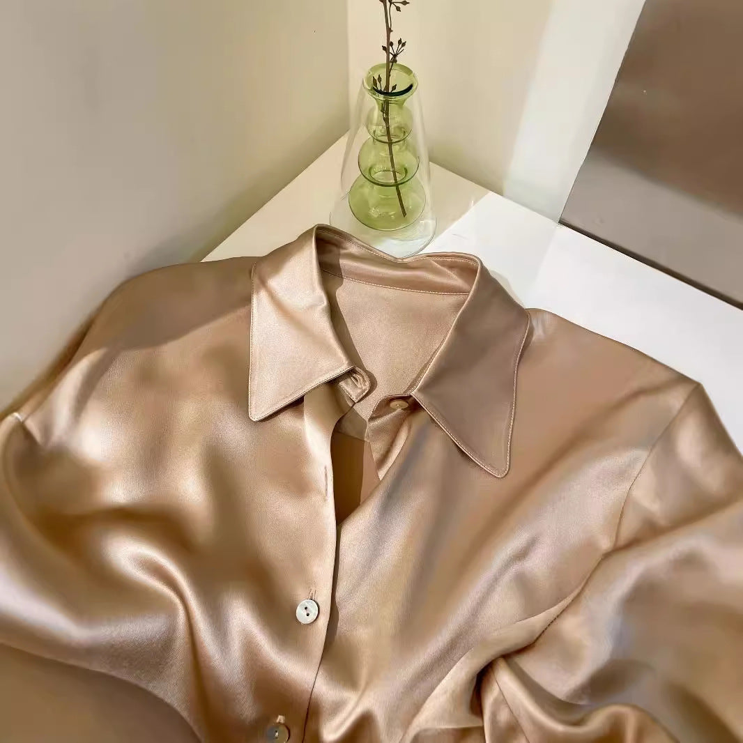 Silk shirt women's popular spring new solid color glossy pointed neck long-sleeved mulberry silk shirt