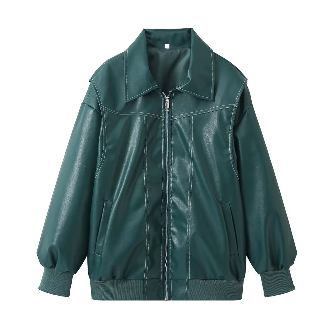 European and American cross-border women's clothing 2023 autumn and winter new PU leather couple loose American casual retro ruffian handsome locomotive leather jacket