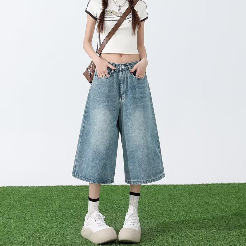 Light Blue Cropped Jeans Women's Summer Thin 2025 New High Waist Slimming and Straight Loose Cropped Wide Leg Pants
