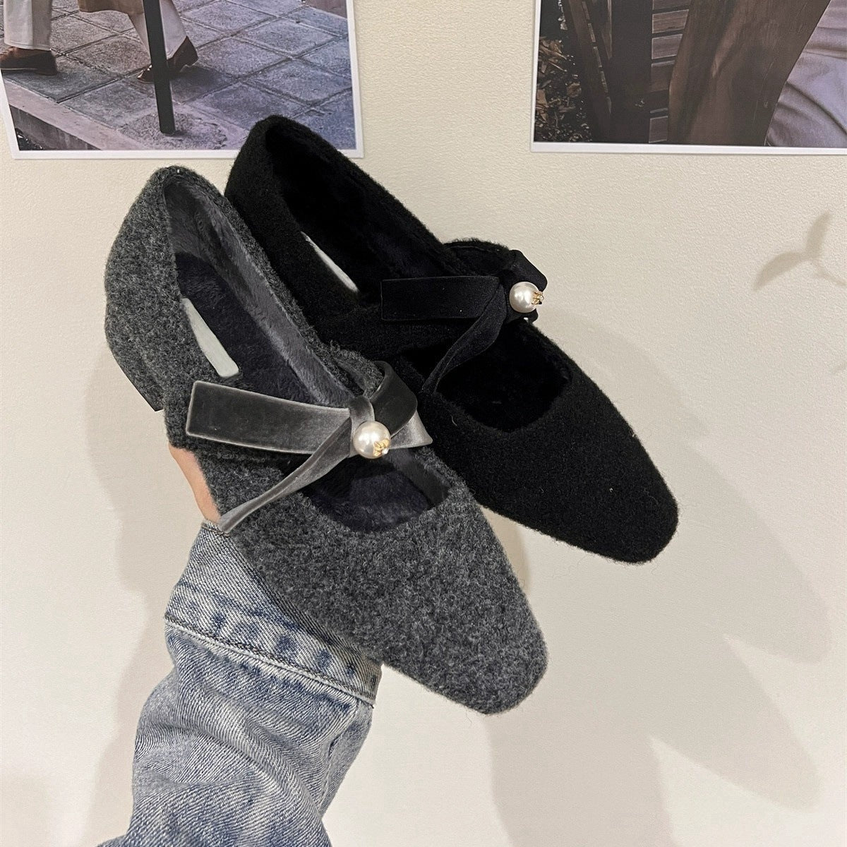 2025 thick heel gray single shoes with skirt evening shoes women's shoes popular autumn and winter plush Mary Jane fluffy shoes