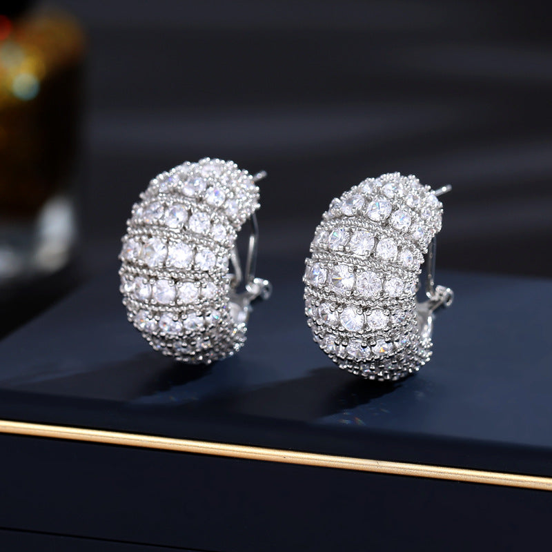 2025 S925 silver needle retro court style earrings zircon inlay design sense semicircular C ring buckle anti-lost stud earrings