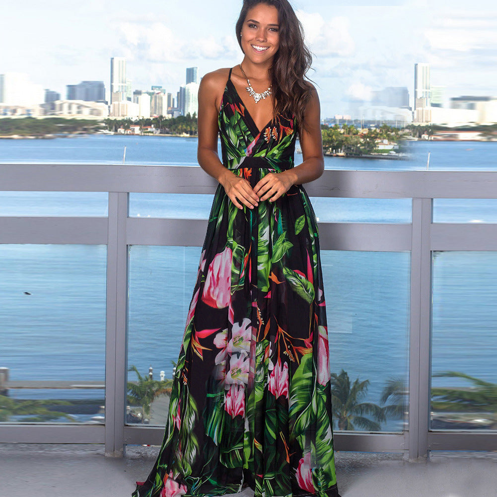 ZllKl Dress Summer New Women's Long Dress Cross Border Hot Suspender Skirt Printed Beach Long Dress