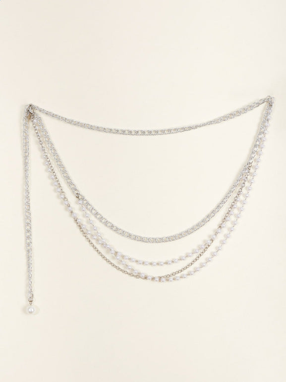 FB3354 2025 waist chain pearl chain metal chain cross wave fringe pendulum chain waist chain body chain