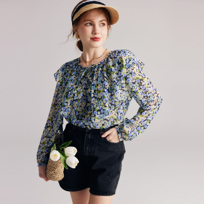 Silk shirt women's spring and summer new long-sleeved 100% mulberry silk chiffon elegant print shirt