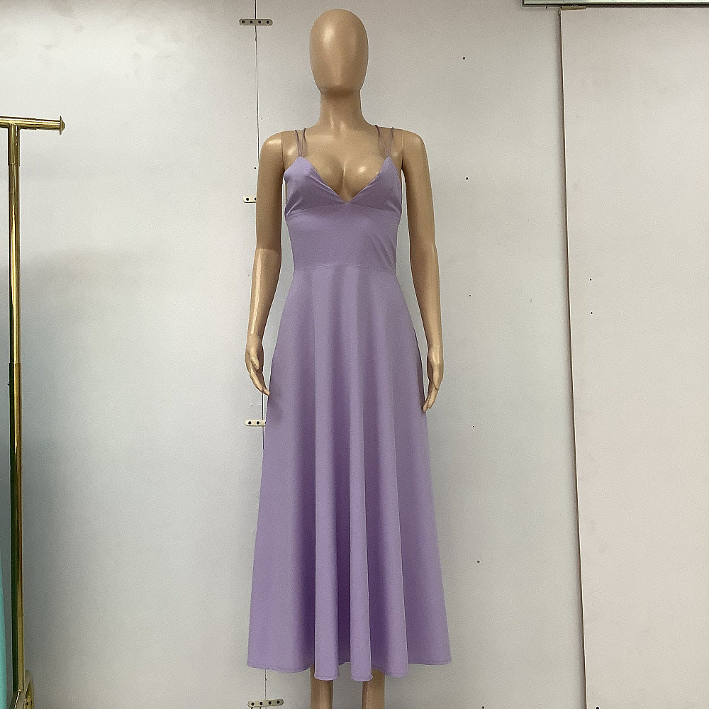 ZllKl Spring/Summer Cross-Border Women's Clothing Solid Color Hepburn Style Strap Dress Tube Top Stitching Midi Dress