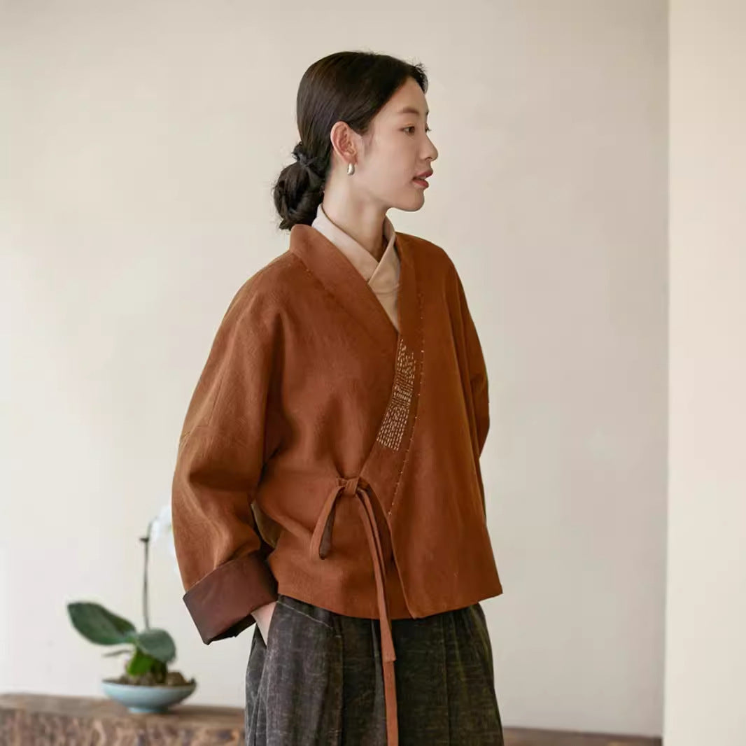 2025 Retro v-neck new Chinese loose coat, linen cotton contrasting colors and old hand-embroidered thread lace-up coat female A1036