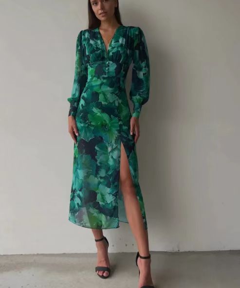 ZllKl Cross-Border Spring and Summer New Women's Clothing Dress V-neck REDLEAF Printed Foreign Trade Dress Large Swing Skirt