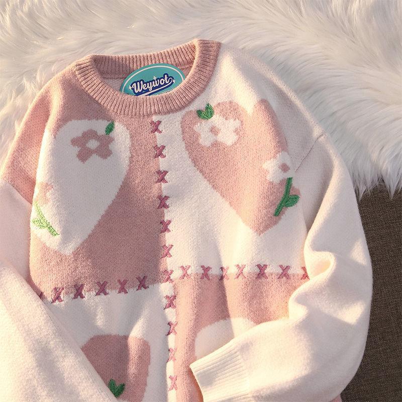 Hong Kong style Japanese vintage love sweater women's autumn and winter loose Korean outer wear gentle wind couple knitted sweater jacket