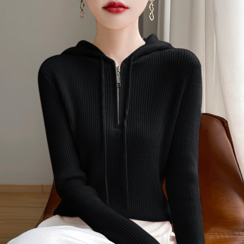 Half-zipper drawstring slim cashmere sweater women's pullover sweater autumn and winter solid color hooded wool knitted slim base