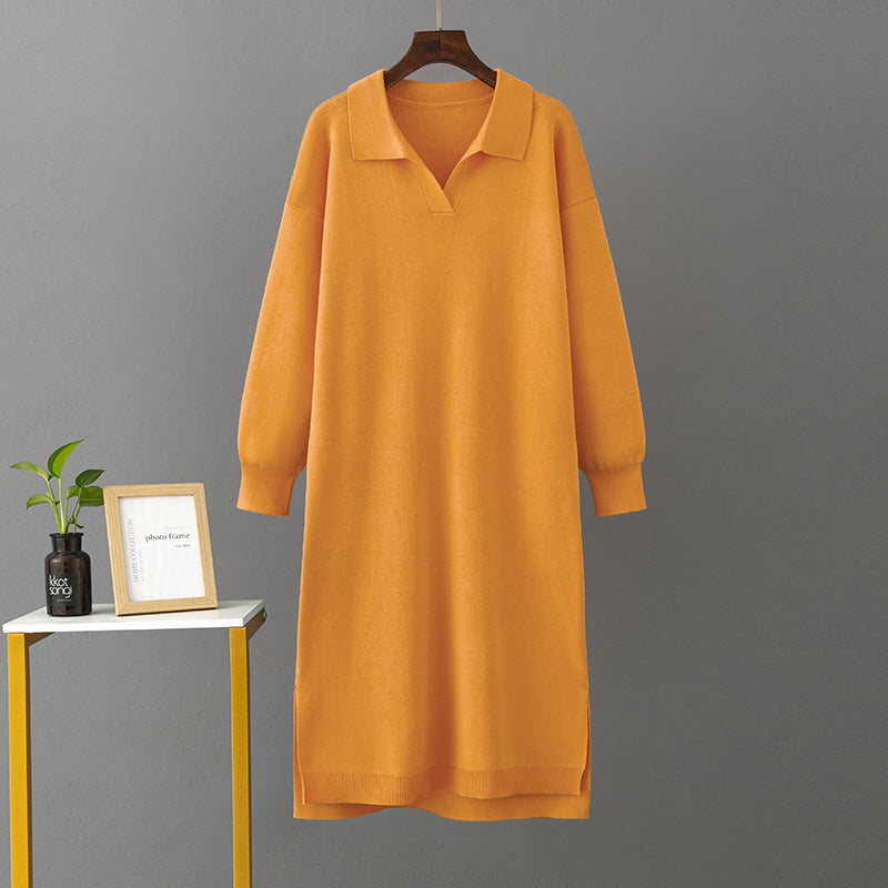 ZllKl 23 autumn and winter new 2025 Polo collar bottoming knitted long dress loose large size solid color women's dress