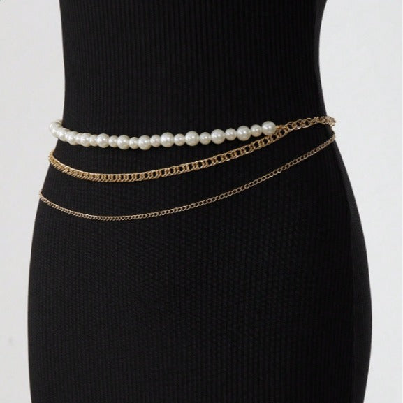 FB3363 2025 waist chain simple pearl chain metal chain wavy tassel side pendulum chain combined waist chain