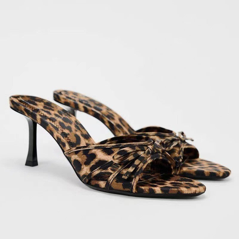 ZllKl New Women's Shoes Bow Leopard Print High Heel Sandals Pointed Stiletto Mesh High Heel Sandals Women's Shoes Summer