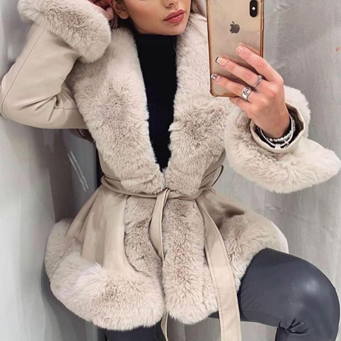 European and American foreign trade autumn and winter big fur collar jacket PU leather splicing lace-up waist slim leather jacket women SU3126