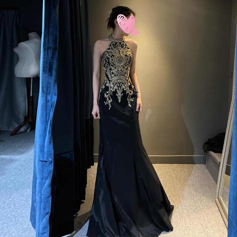 2025 Host Dress High Sense Banquet Chorus Dress Black Fishtail Neck Vocal Art Examination Solo Performance Dress