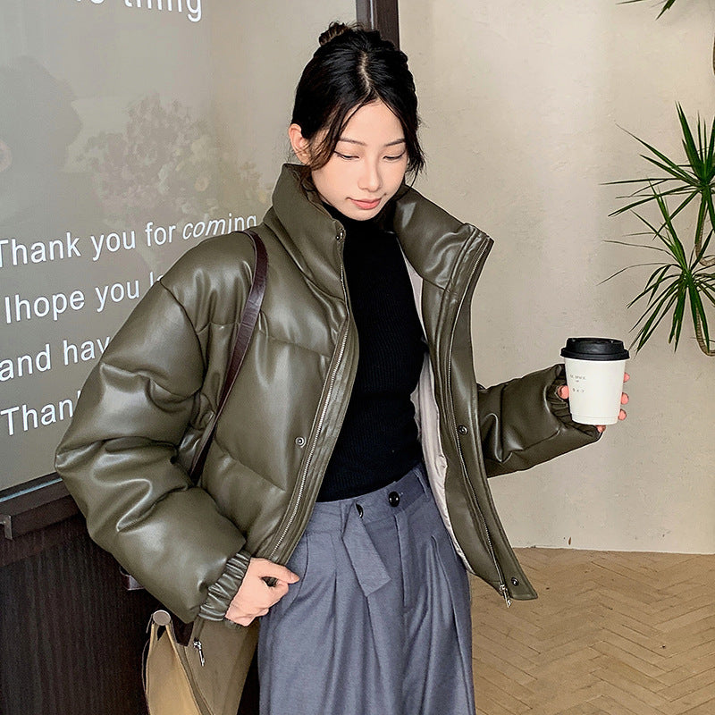 Real shot European and American retro pu leather cotton clothes women's winter new short fashion loose small bread clothes jacket