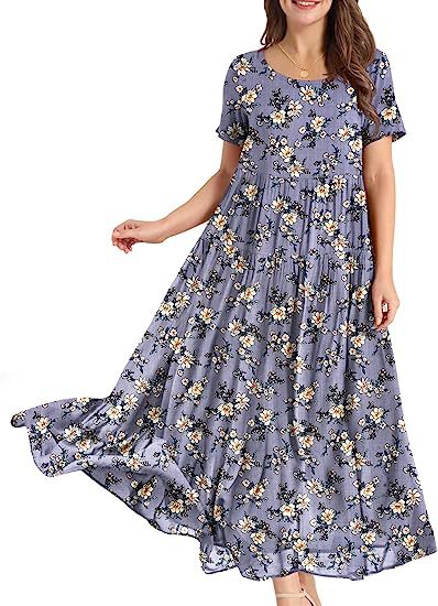 ZllKl Summer Beach Midi Dress Comfortable Pleated Dress Casual Loose Floral Dress