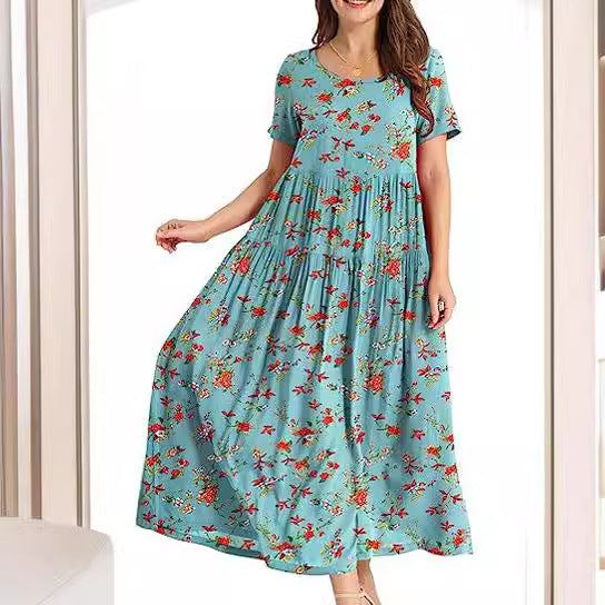 ZllKl Summer Beach Midi Dress Comfortable Pleated Dress Casual Loose Floral Dress