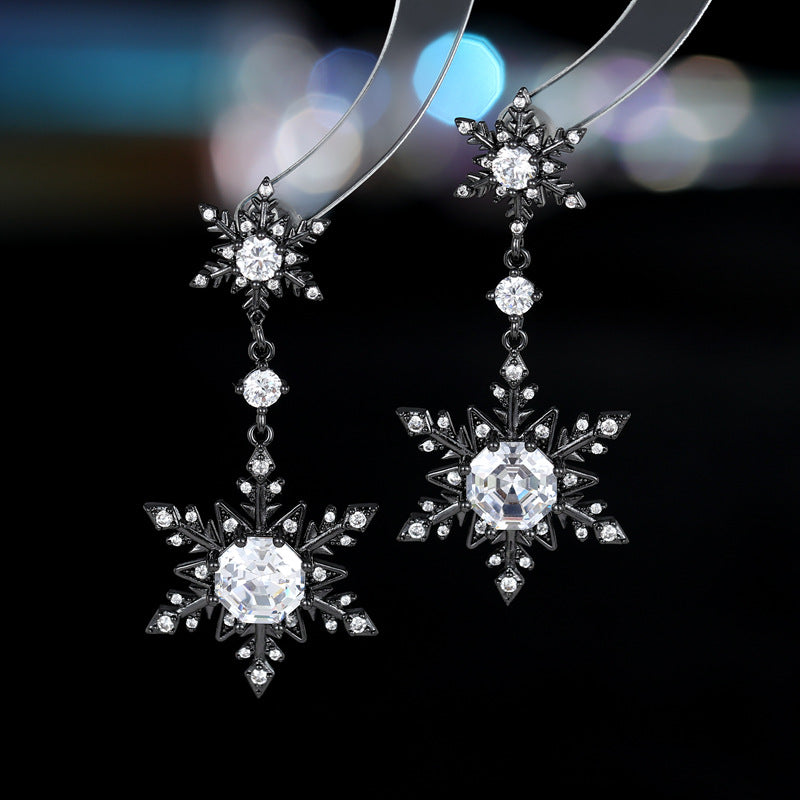 2025 New light luxury fashion autumn and winter earrings wholesale super flash zircon inlaid niche design long snowflake earrings