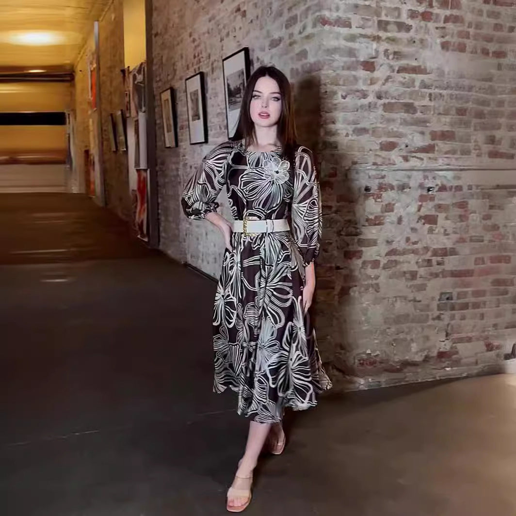 ZllKl European American Summer New Fashion 3/4 Sleeves Printing Costs Dress More