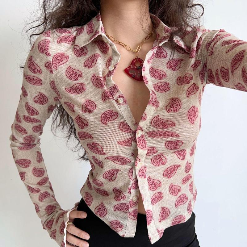 zllkl American Retro Fashion Slim Fit Polo Collar Hot Girl Long Sleeve Shirt Women Western Style Printed All-Matching Slim-Fit Crop-Top