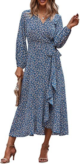 Zllk In Stock! European and American Foreign Trade Women's Long Sleeve Wrap Dress Flower Printed V-neck Autumn and Winter Dress