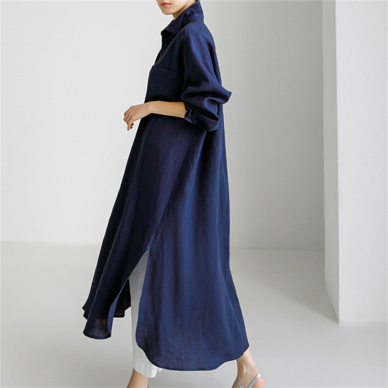 ZllKl Spring and Autumn Loose Oversized Shirt Dress Overknee Long Split Outer Wear Cotton Linen Shirt Solid Color Dress