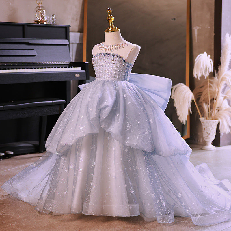 ZllKl Children's Dress New Girls Tube Top Model Catwalk Trailing Princess Dress Little Girl Costume for Piano Performance
