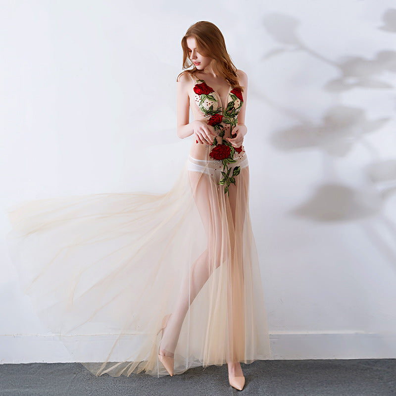 2025 G2006/sexy see-through dress lace mesh transparent slim low cut club ktv car show dress